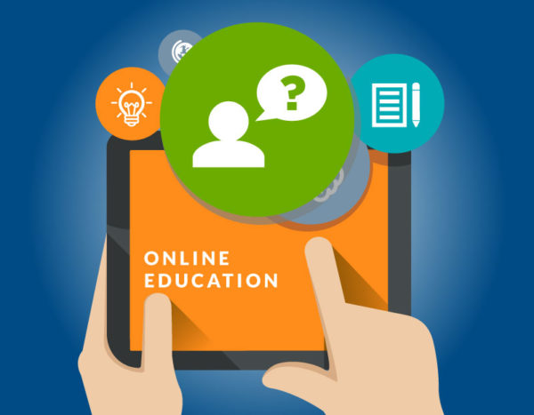 Cartoon of tablet with the words "online education" and thought bubble with person with question mark
