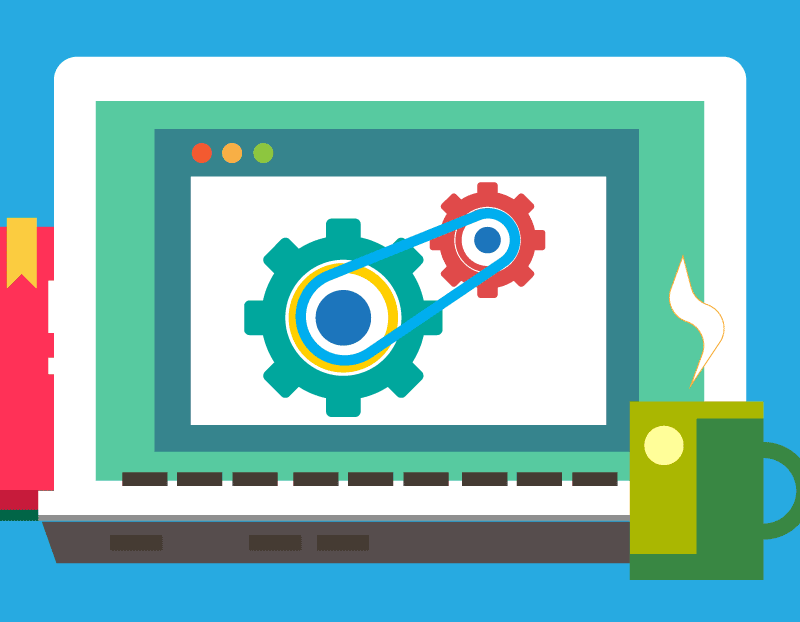 Cartoon computer displays two gears working to create online classroom