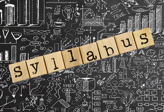 Chalkboard with doodles and letter blocks that spell syllabus