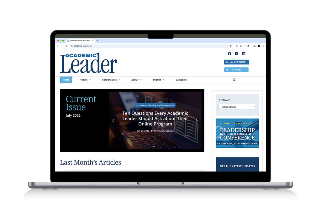 laptop displaying the Academic Leader homepage