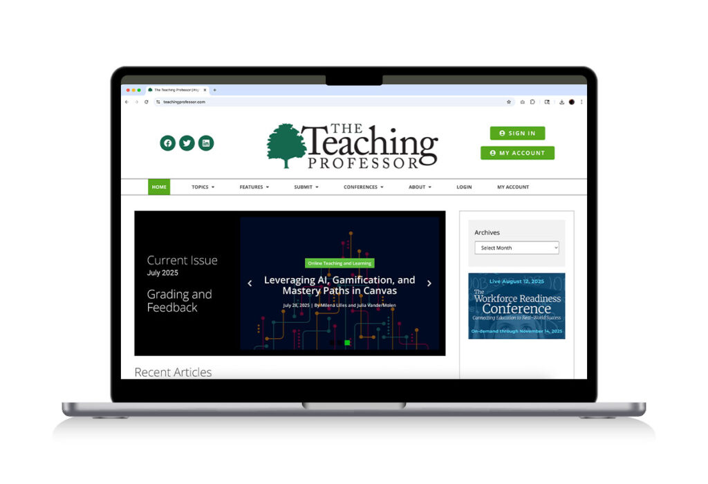 laptop displaying the Teaching Professor homepage