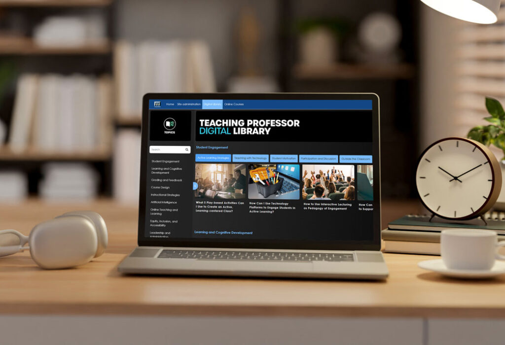 laptop displaying the Teaching Professor Digital Library homepage