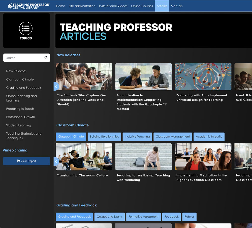 Screenshot of Teaching Professor Digital Library showing various articles