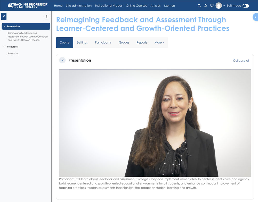 Screenshot of Teaching Professor Digital Library showing an instructor presenting course material