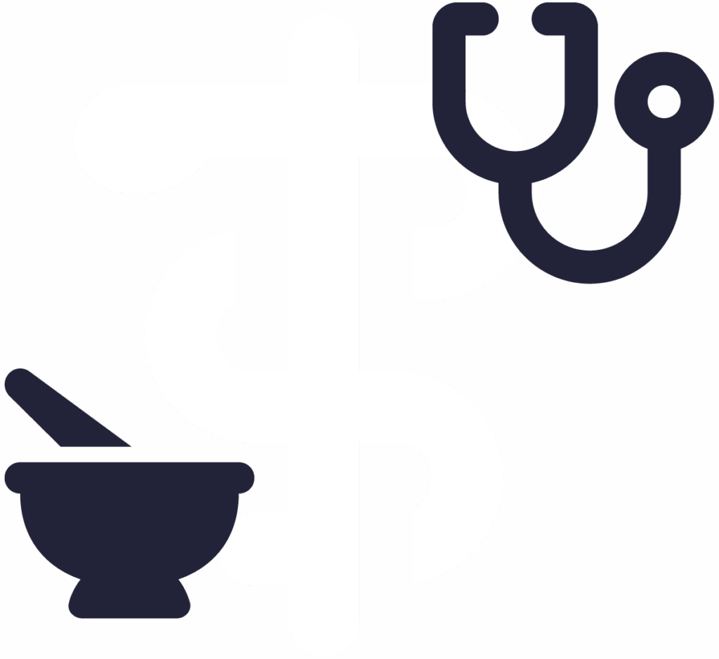 illustration of a caduceus, stethoscope, mortar and pestle