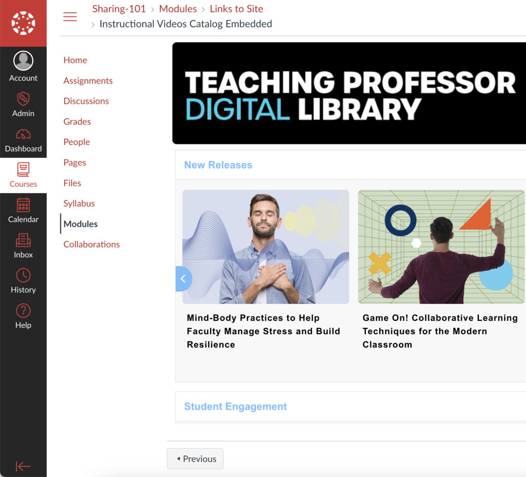 screenshot of Teaching Professor Digital Library within Canvas LMS