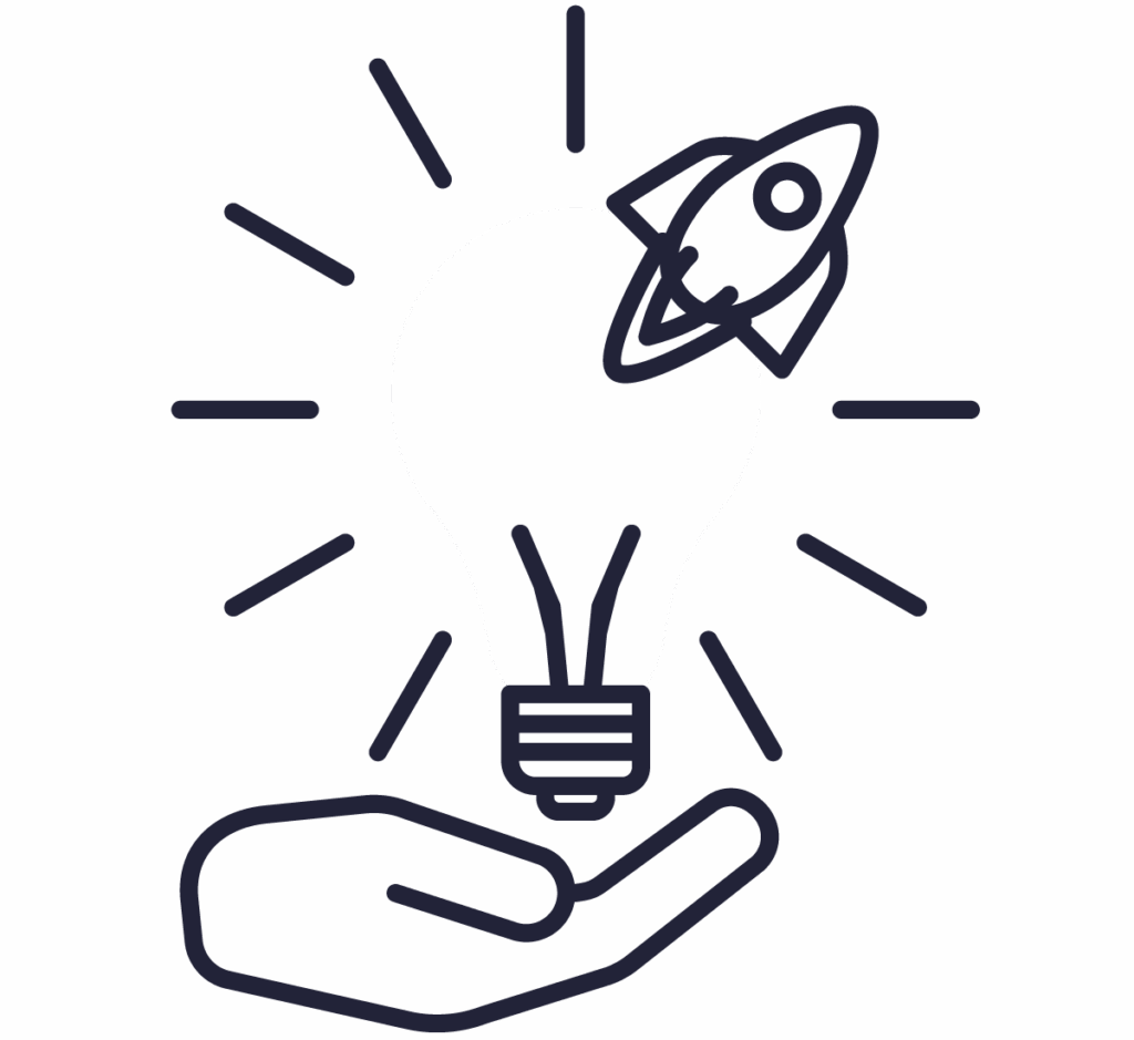 icons of a lightbulb, supportive hand, and rocket ship