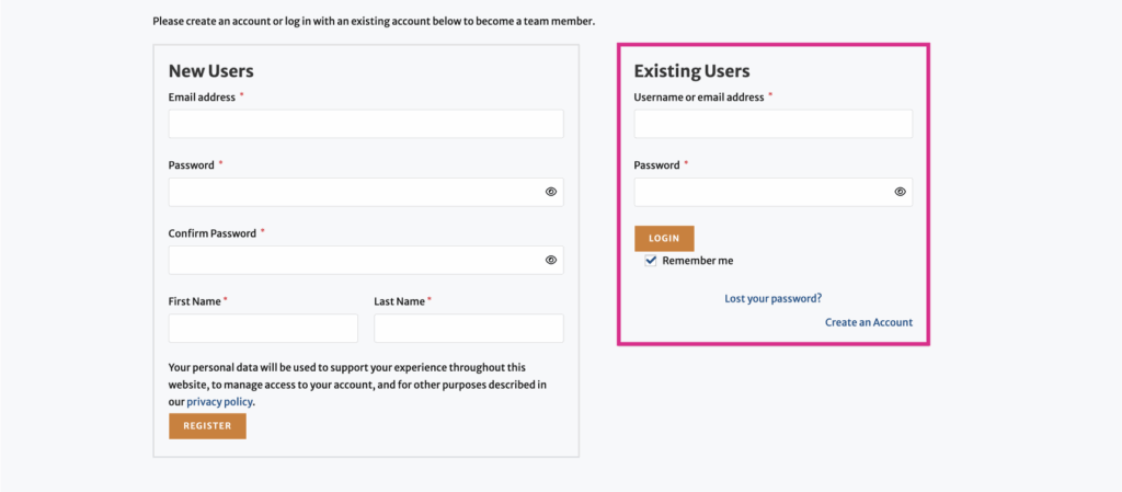 screenshot of a team registration page with the Existing User section circled