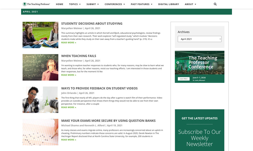 screenshot of the Teaching Professor archives