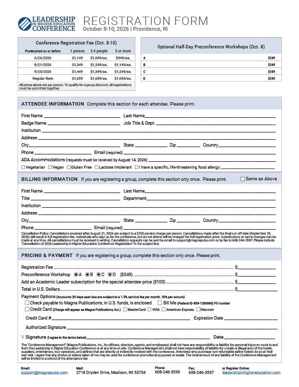 Leadership in Higher Education Conference registration form